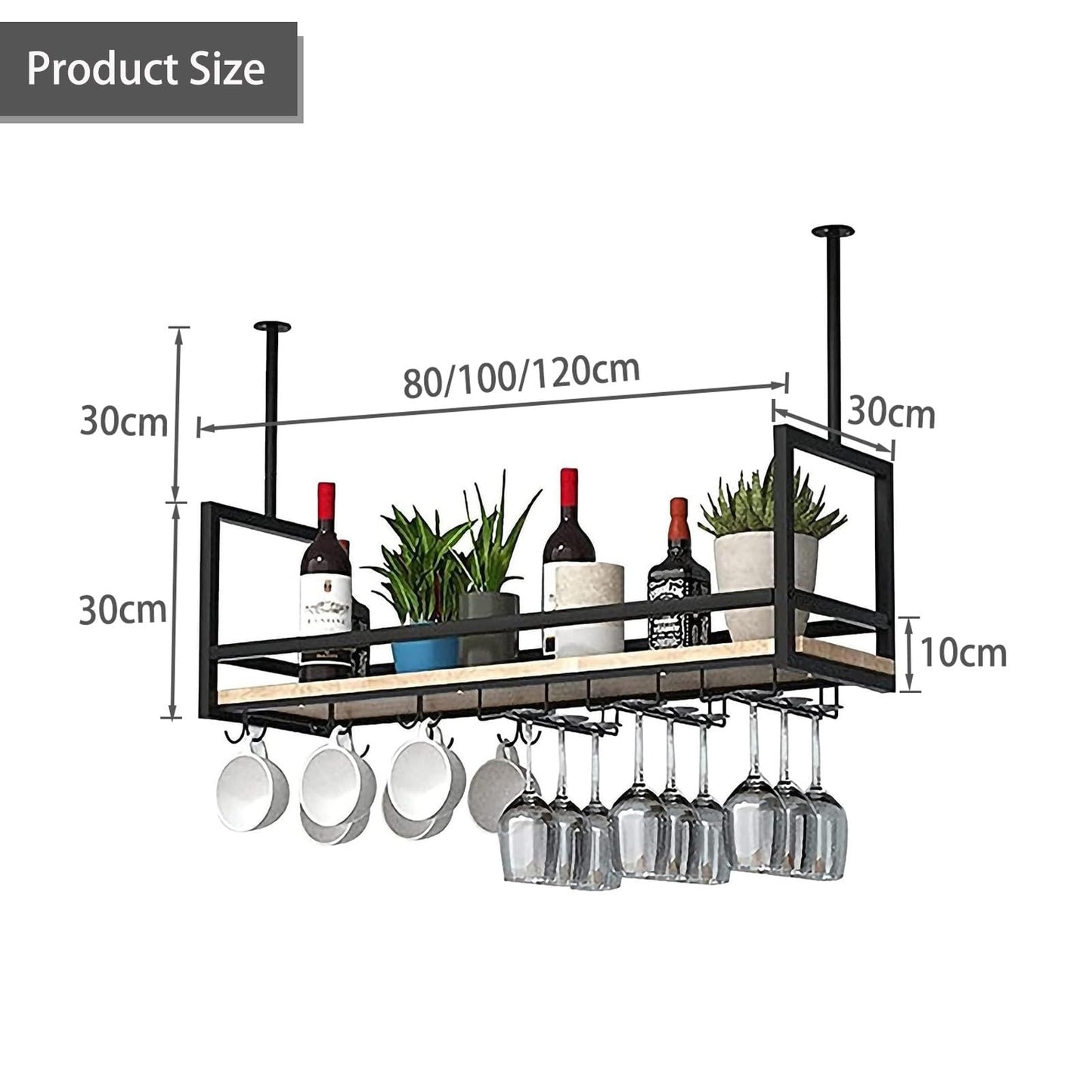 GYRHNNP Wall Mounted Wine Glass Holder - Metal Ceiling Hanging Wine Rack & Floating Bottle Shelf for Kitchen, Bar, Cafe - Stylish Storage Solution (Size: 100x30x60cm)