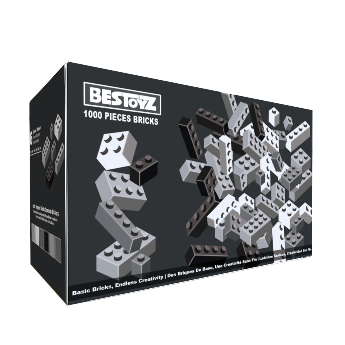Building Bricks 1000 Pieces in Black, Dark Grey, Light Grey & White, Classic General Building Blocks Toys for Boys & Girls, Bulk Basic Brick Tiles for Adult's Building Projects