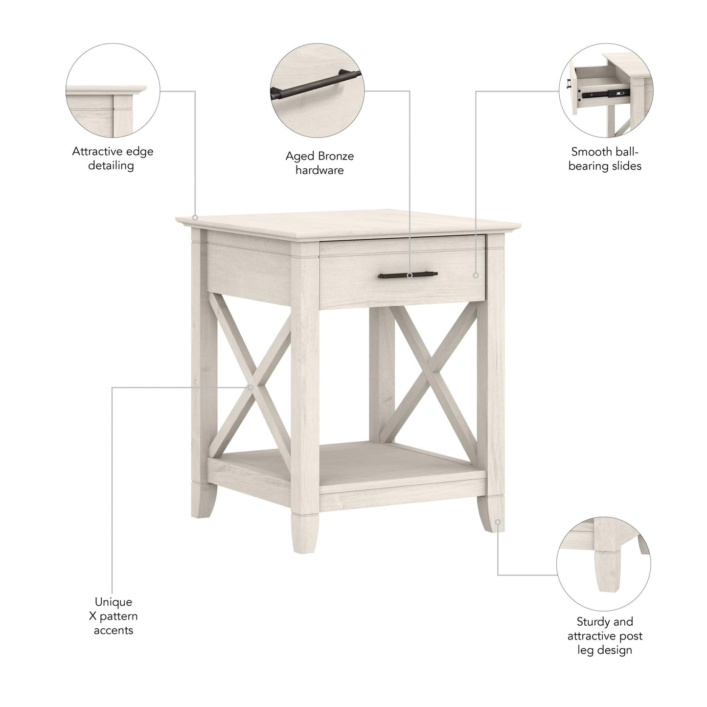 Bush Home End Table with Drawer, Nightstand with Storage, Living Room and Bedroom Furniture, Key West Collection, Linen White Oak