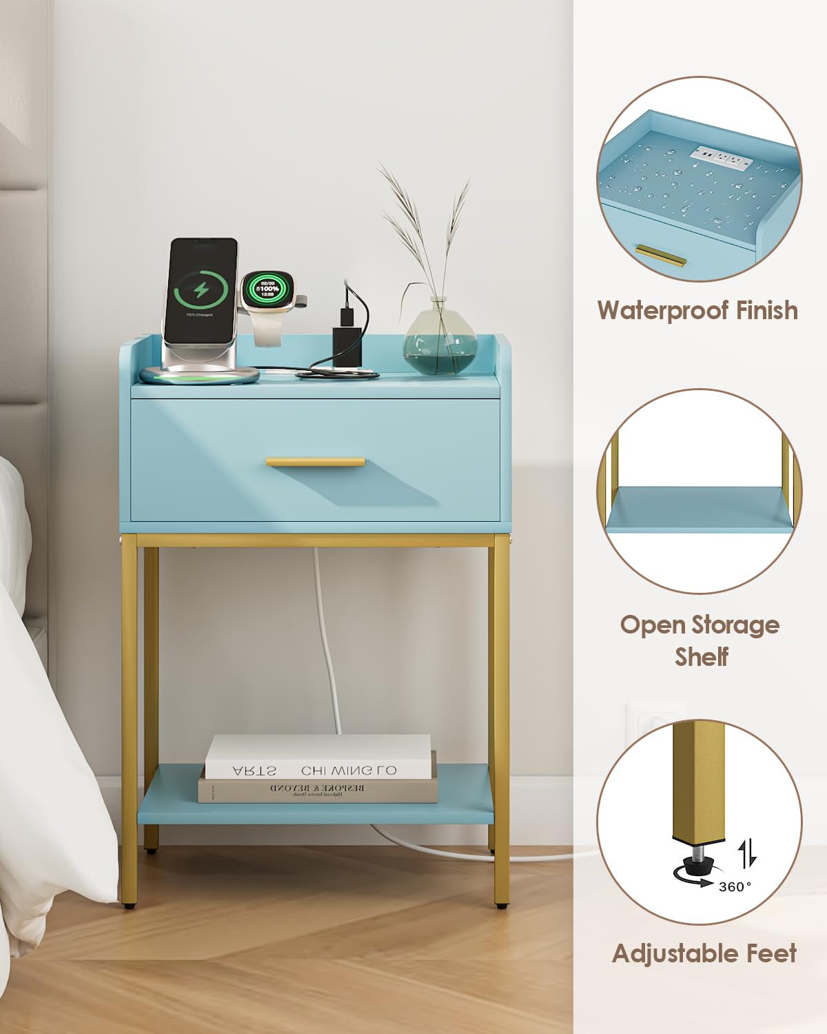 Apetaccat Nightstand with Charging Station,3-Tier Modern Bedside Table Night Stand with Storage Drawer and Open Shelf,Small End Side Table for Bedroom,Living Room,Blue
