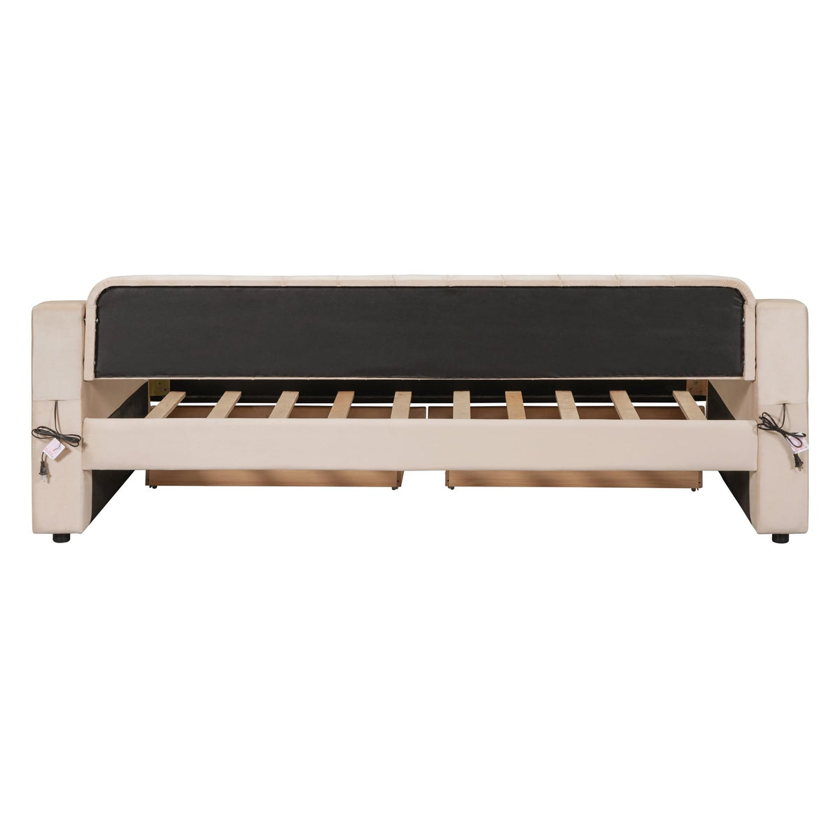 GDFStudio Twin Size Upholstered Daybed with USB Ports and Storage Drawers, Velvet Daybed Frame with Button Tufted Armrests and Wood Slat Support, Beige