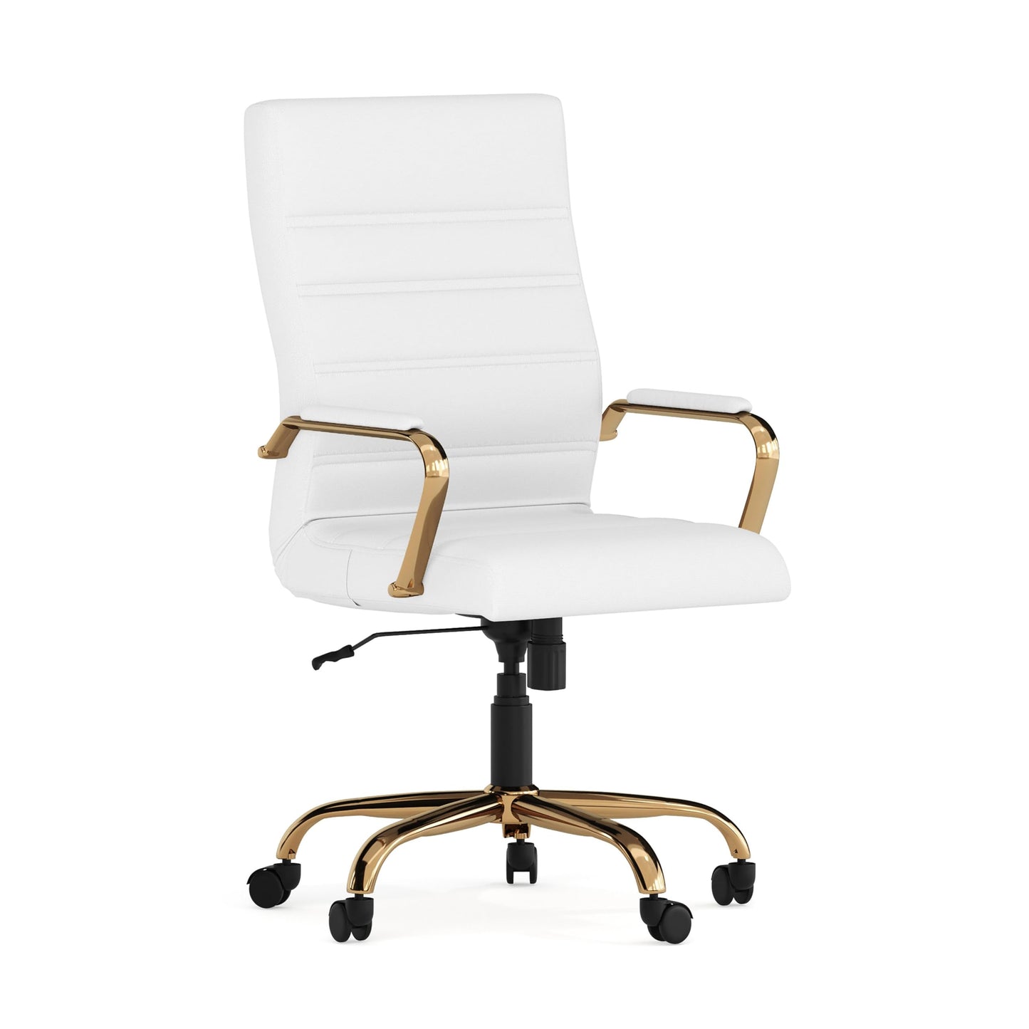 Flash Furniture Whitney Mid-Back Swivel LeatherSoft Desk Chair with Padded Seat and Armrests, Adjustable Height Padded Office Chair, 27"D x 26"W x 43"H, White/Gold