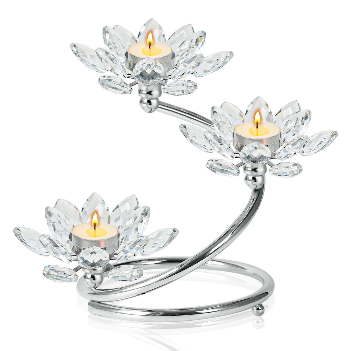 Kehail Silver 1 Pc Crystal Flower Shaped Candle Holder Set, 3-Arm Metal Votive Tea Light Candlestick for Table Centerpiece, Home Wedding Party Anniversary Decor