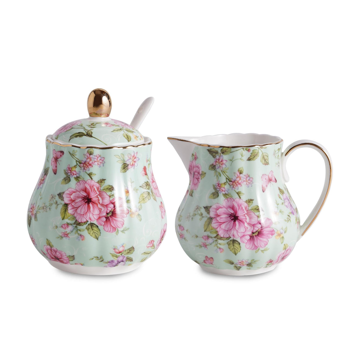 Agyiuns Ceramic Sugar and Creamer Set, 3 Piece Set with Cream Pitcher, Sugar Bowl, Sugar Set with Lid and Spoon (Green)