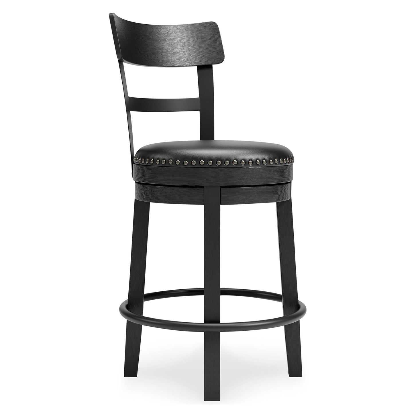 Signature Design by Ashley Valebeck Faux Leather Upholstered Swivel Barstool, Nailhead Trim, Solid Wood, 16.75" W x 19.75" D x 37.25" H, Antique Black