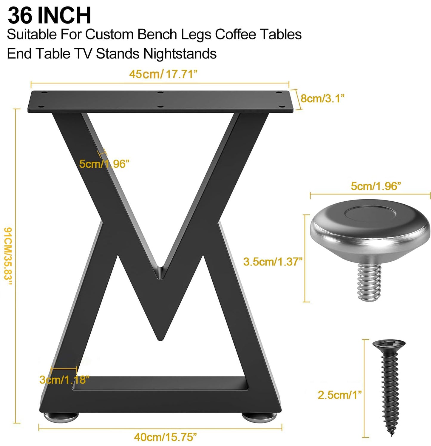 Likapop 36" Metal Coffee Table Legs, Sturdy Black Bench Legs, Suitable for DIY Furniture Legs, Dining Tables, End Table, Chair, Desks, and Benches - 91 cm H x 45 cm W, Set of 2 (36" V-Type)