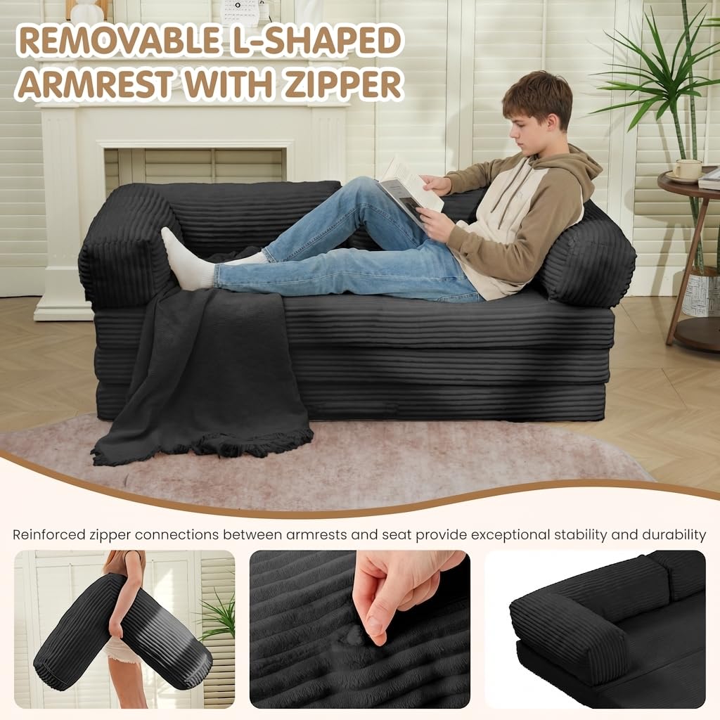 NLDD Convertible Sofa Bed King,5-in-1 Folding Boneless Couch Corduroy Futon Sofa Bed,Tri-Fold Mattress with Removable Armrests & Handle,Sleeper with Pull Out Bed for Small Space Living Room Bedroom