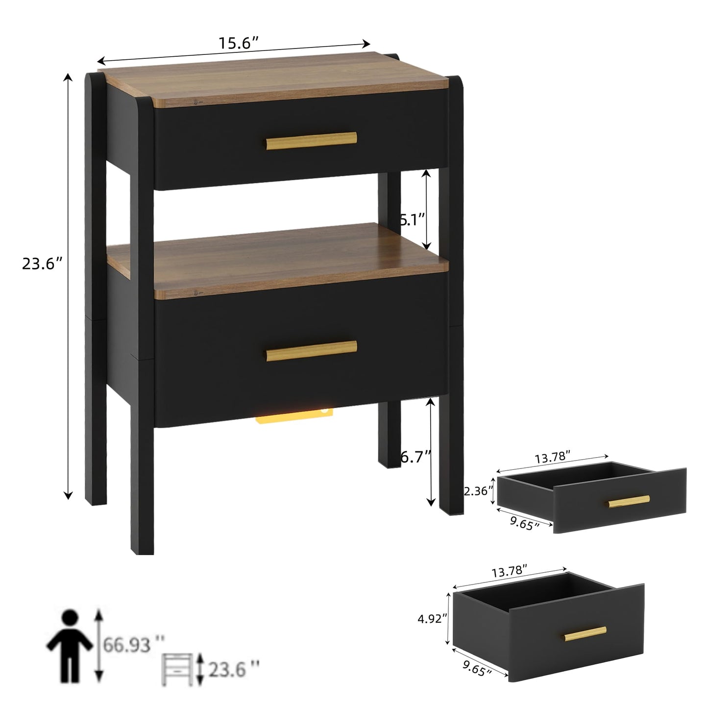 Tltaroni Nightstand with 2 Drawers and Open Shelf Wooden Bedside Table Gold Handles Modern Storage Night Stand Sensor Light for Bedroom, Black and Brown