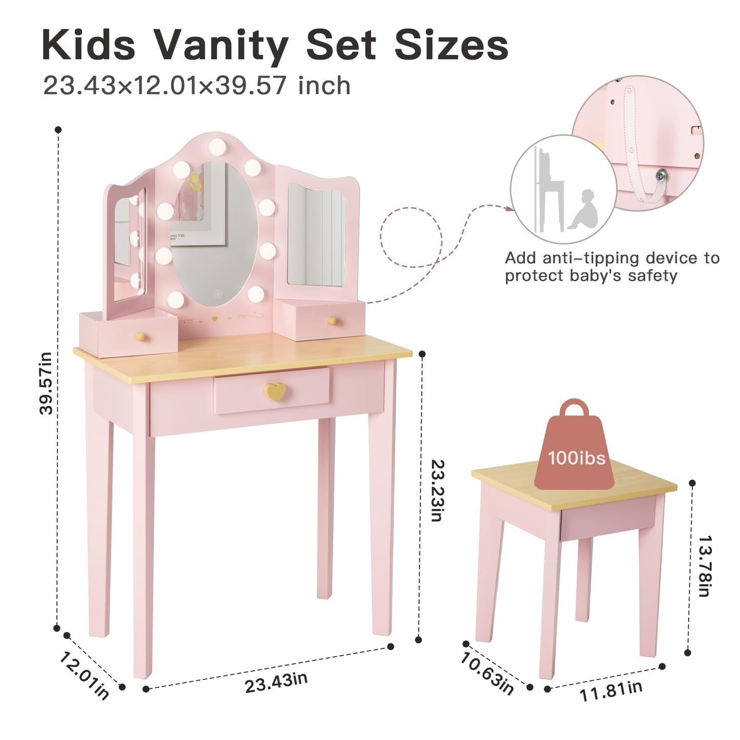 labebe Kids Vanity, Girls Vanity Desk with LED Changing Lights, Pretend Play Princess Vanity Set, Wooden Toddler Makeup Desk Dressing Table with Drawer and Chair (Pink)