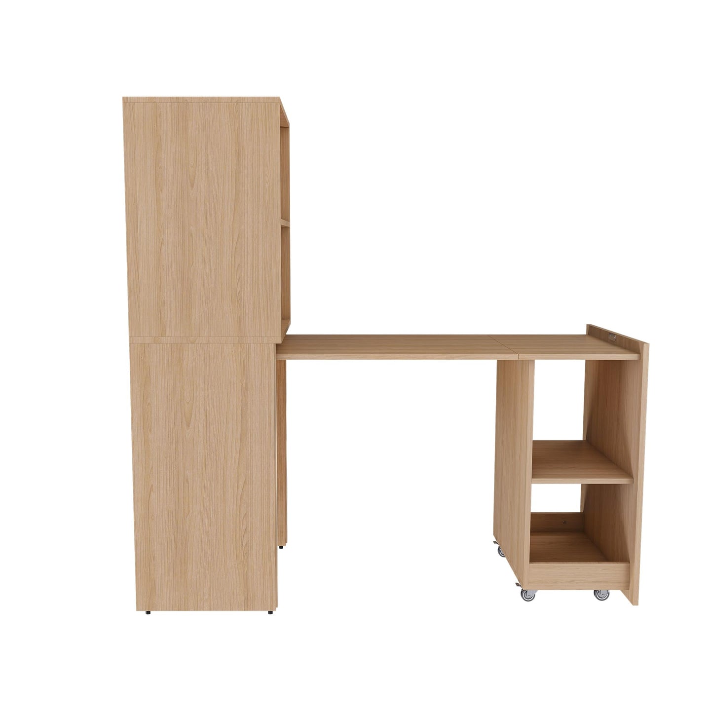 Stretchable Desk, Office Desk with Storage Shelves and Mobile Wheels, Foldable Desk Suitable for Small Apartments and Offices, White (Natural Wood)