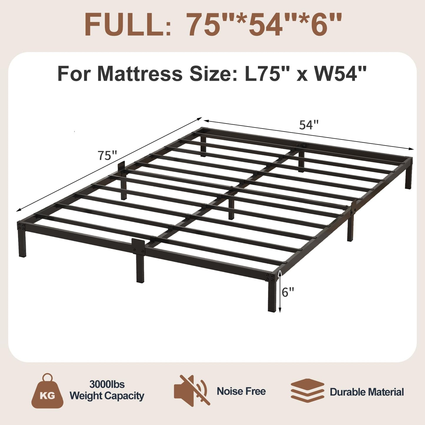Samhapyrom 6 Inch Low Profile Full Size Bed Frame, Noise-Free Heavy Duty Metal Platform with Mattress Stopper, No Box Spring Needed, Easy Assembly Steel Support, Black