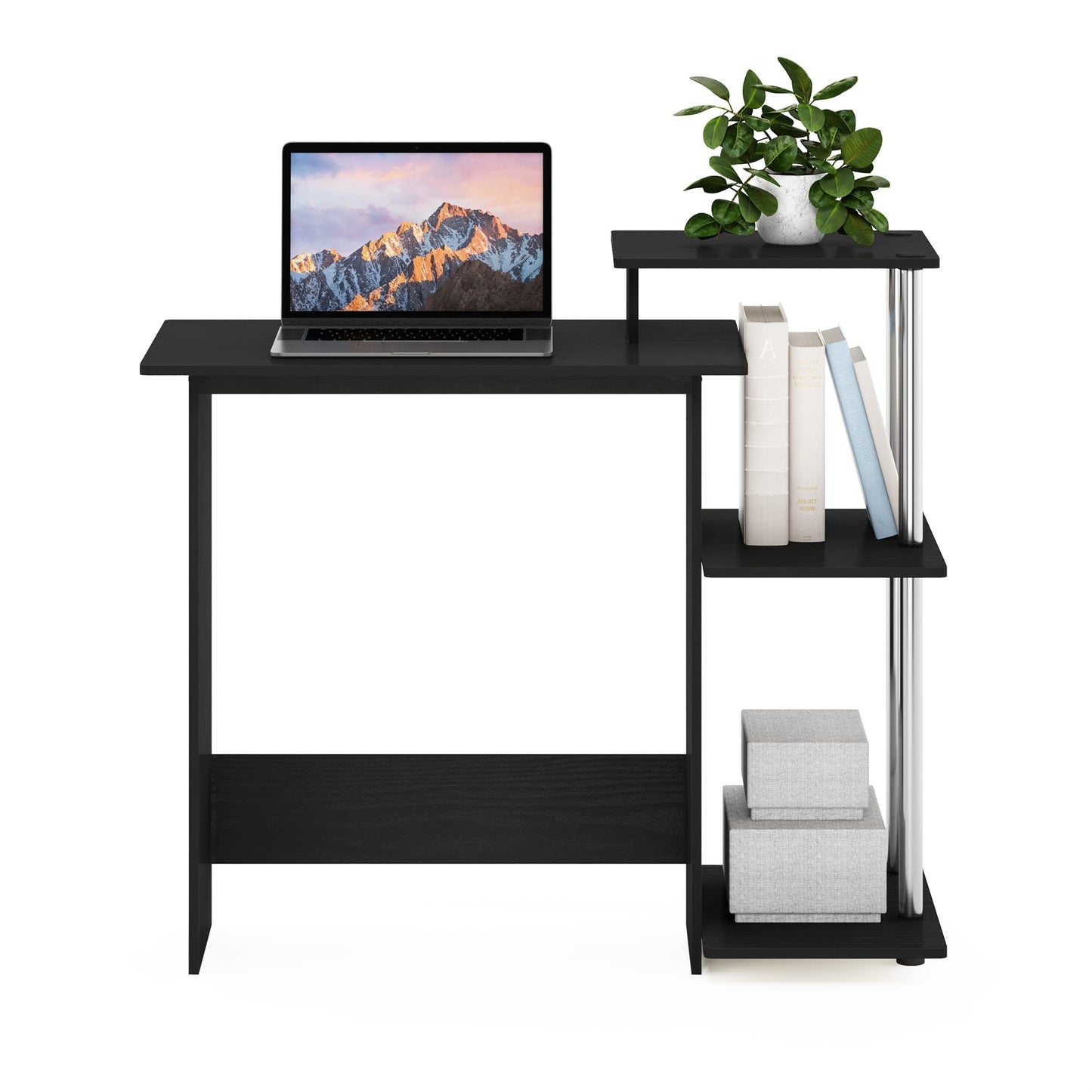 Furinno EFFICIENT Desk, 28.6" Wide Gaming Desk with 3 Open Side Shelves, Laptop Notebook Computer Desk, Office Desk for Home Office, Study Room, Dorm, Bedroom, Americano/Stainless Steel