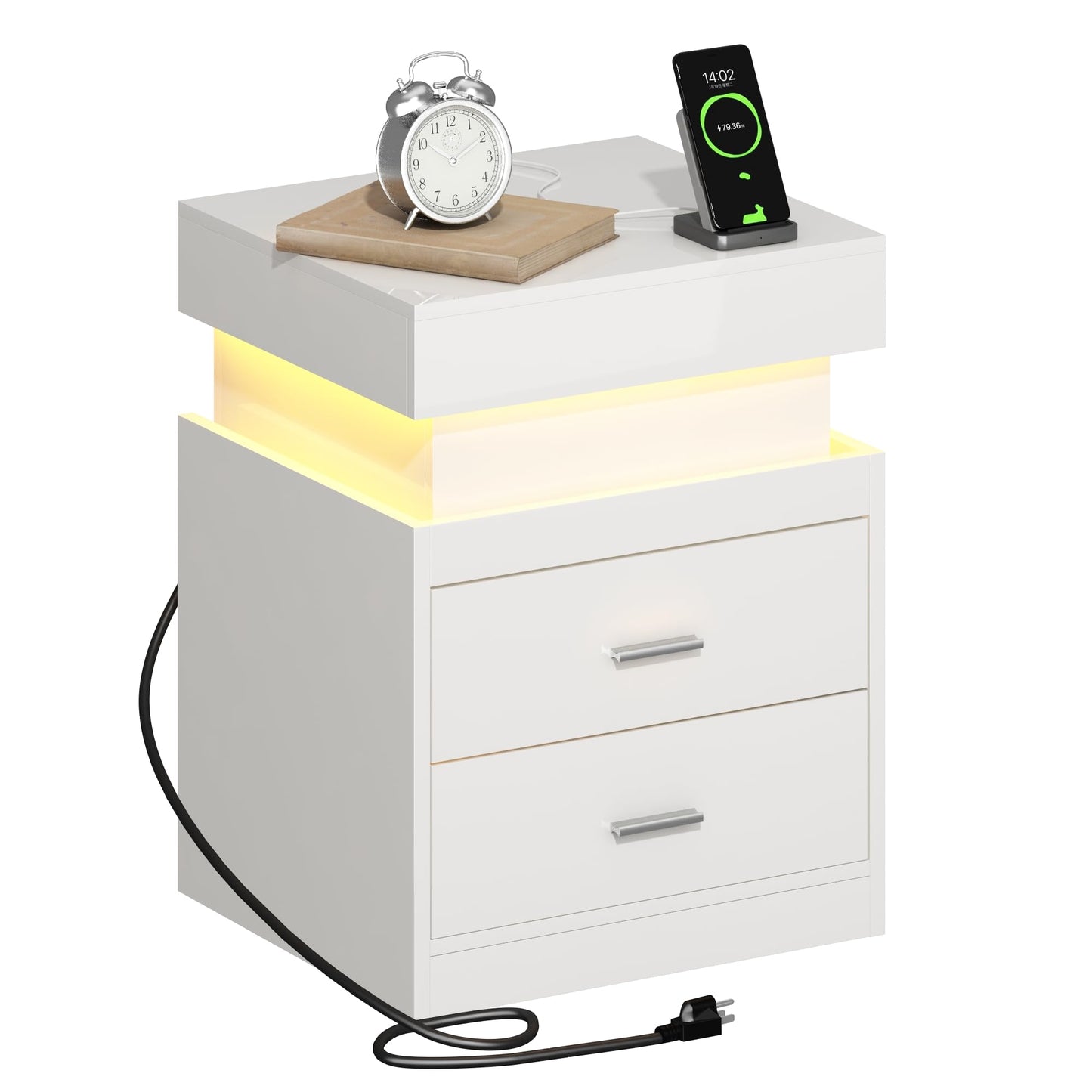 ChooChoo LED Nightstand with Charging Station, Smart Night Stand with Sliding Top Storage, 2-Drawers High Gloss Bedside Table, Modern End Table for Bedroom,White