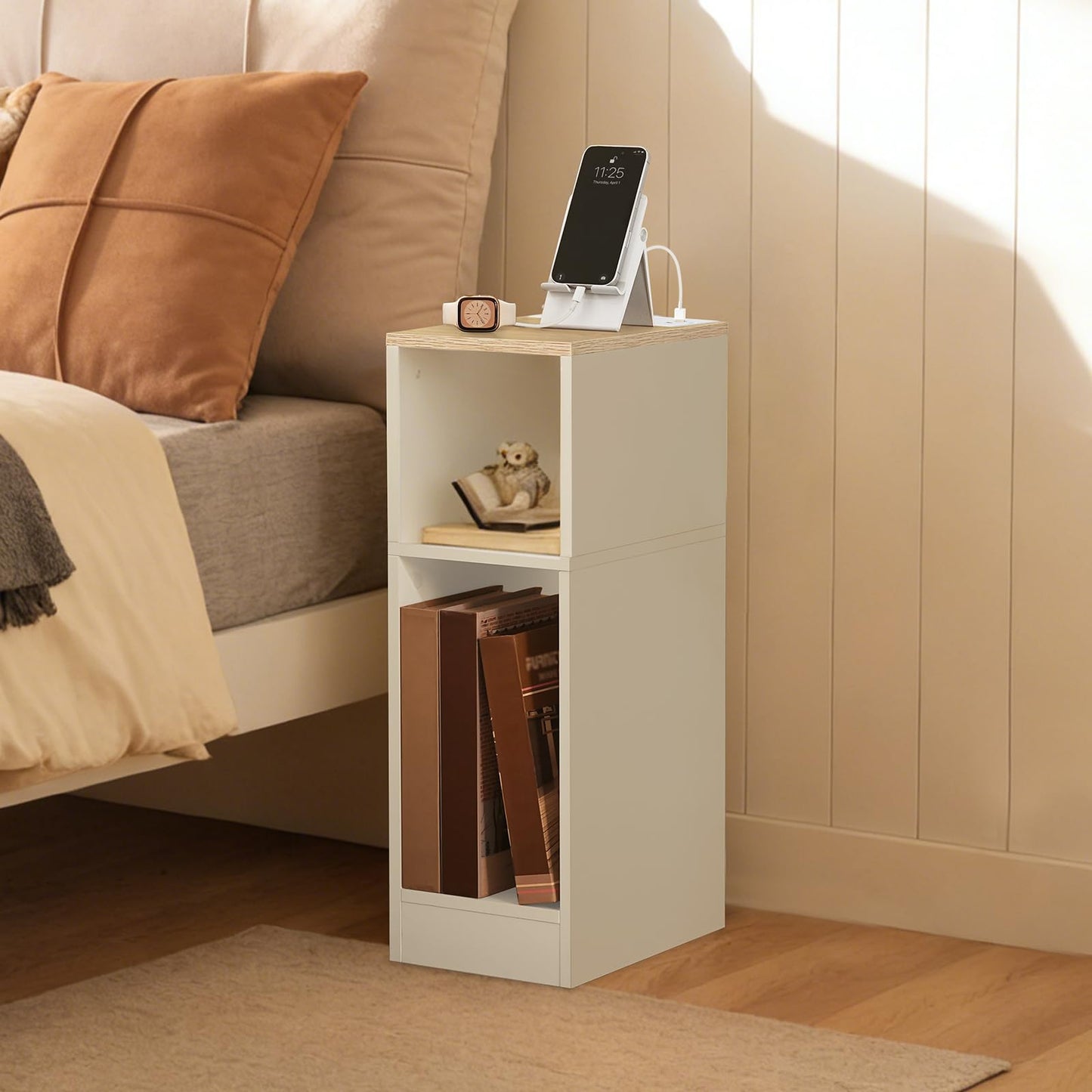 MAHANCRIS Narrow Nightstand, Narrow End Table with Charging Station, Skinny Bedside Table for Small Spaces, Mid Century Modern Night Stand for Bedroom, Living Roon, Natural and White ETNW30E01
