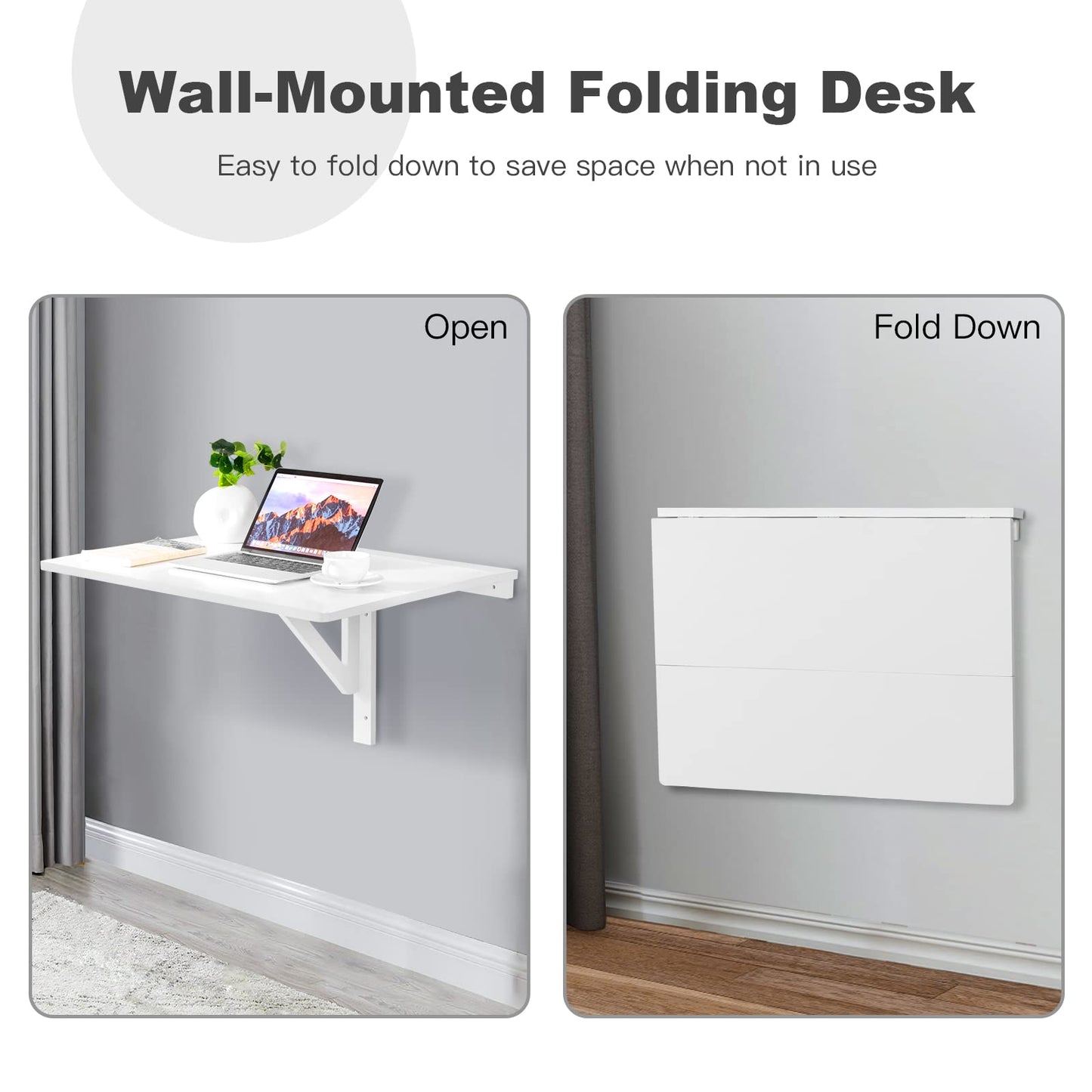 COSTWAY Wall Mounted Folding Table, 31.5" x 23.5" Drop-Leaf Floating Writing Desk for Small Spaces, Space-Saving Fold Down Laptop Workstation for Kitchen, Bedroom, Laundry Room, Study Room (White)