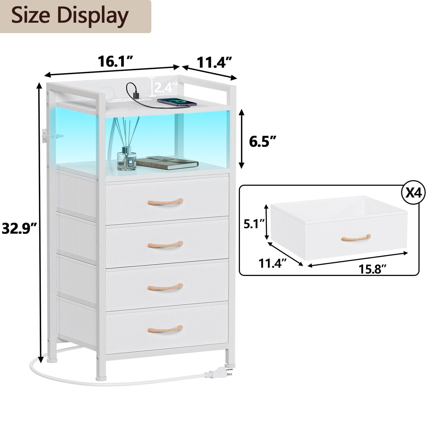 Furnulem White Nightstand with Charging Station, Night Stand Side Table with Led Light, Tall Dresser for Bedroom with 4 Fabric Storage Drawers, Metal Frame, Wood Shelf(White)