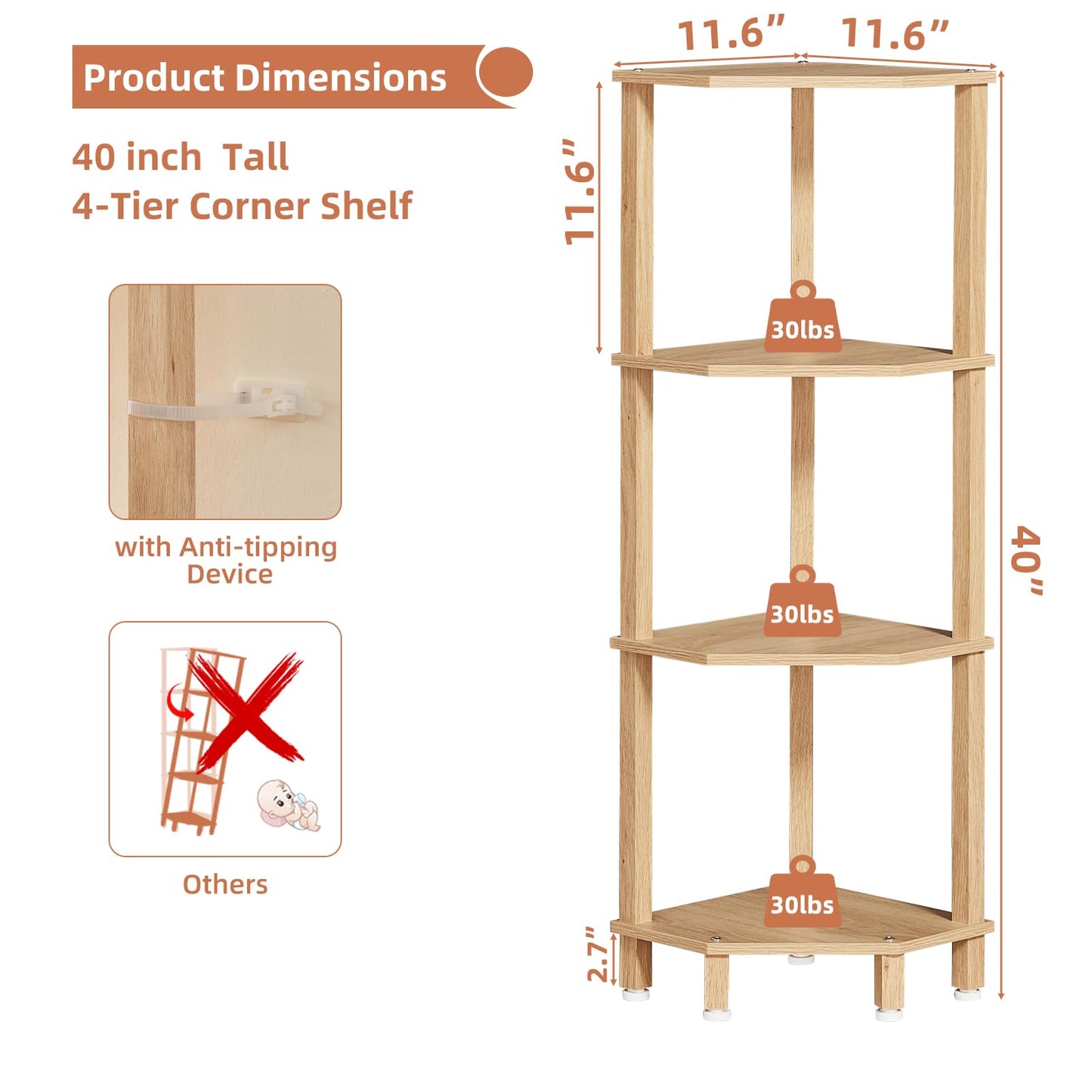 YUFAM 4-Tier Corner Shelf with Sturdy 5-Leg Base, Wooden Corner Bookshelf for Small Spaces, Corner Standing Shelf for Living Room, Bedroom, Bathroom, Natural