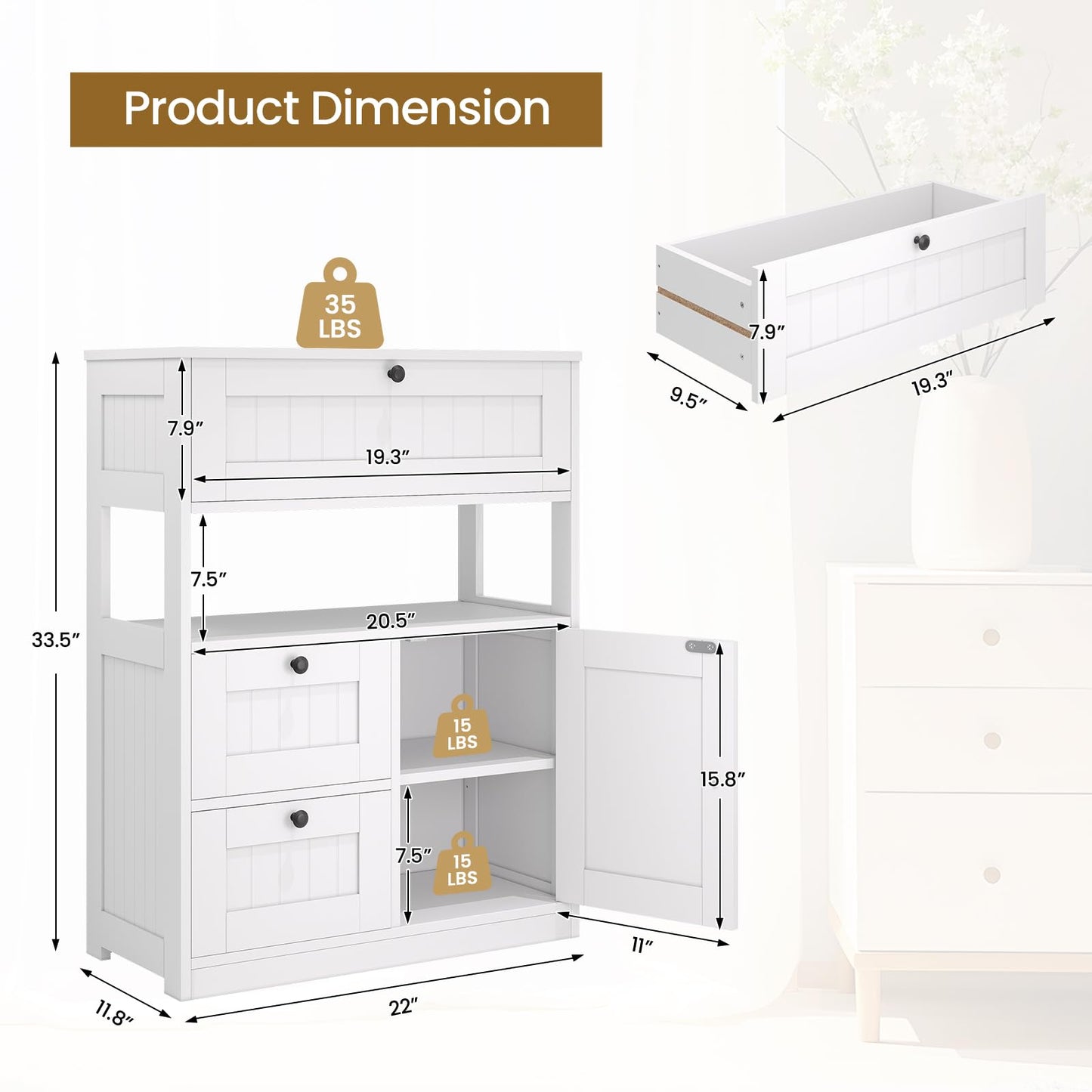 GRUSIGN Bathroom Cabinet, Modern Bathroom Floor Storage Cabinet Organizer with 1 Door and 3 Drawers, Freestanding Cupboard for Kitchen/Living Room Use
