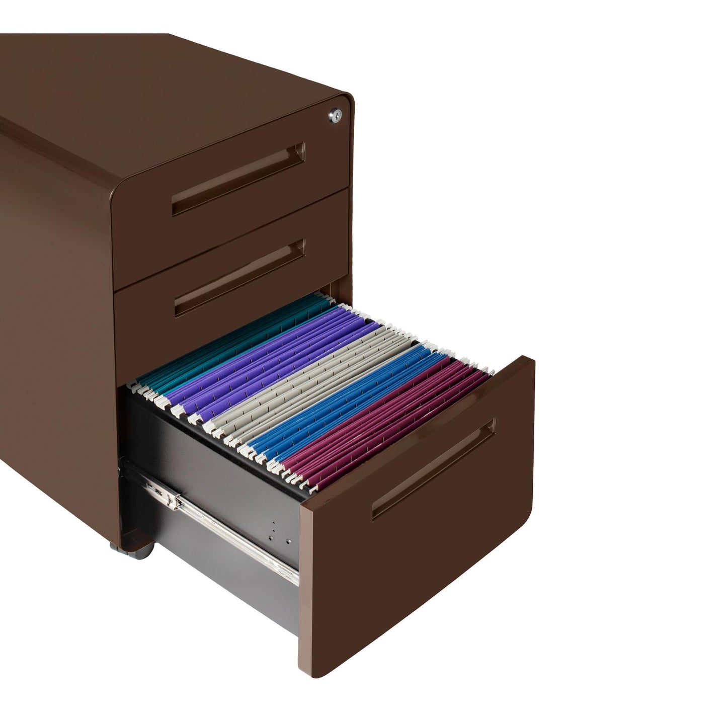 Laura Davidson Furniture Stockpile 3 Drawer File Cabinet with Lock - Under Office Desk Metal Filing Cabinet, Legal/Letter File Folders, Wheels and Stationary Feet, Pre-Assembled, Dark Brown