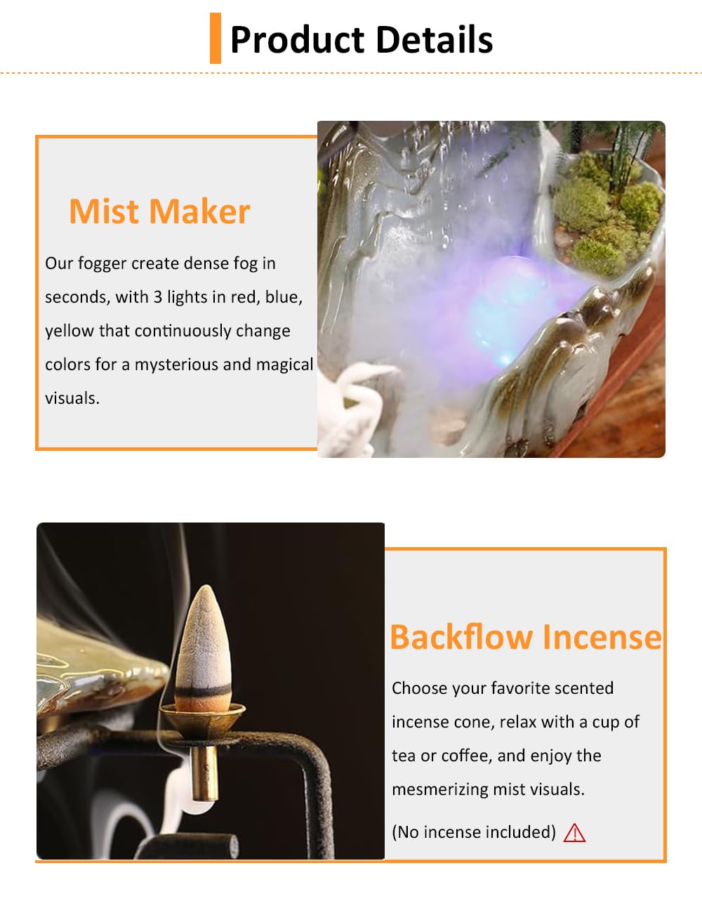 Tabletop Water Fountains Indoor Waterfall Fountain with Mist LED Light Feng Shui Wealth Desk Fountain with Backflow Incense Holder Zen Decor for Meditation (Crane)