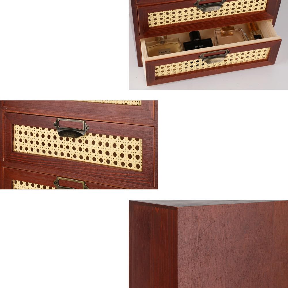 GoooodGift Large Wooden Storage Box with Drawers (Boho Apothecary Cabinet, Rattan Frame, Brown)