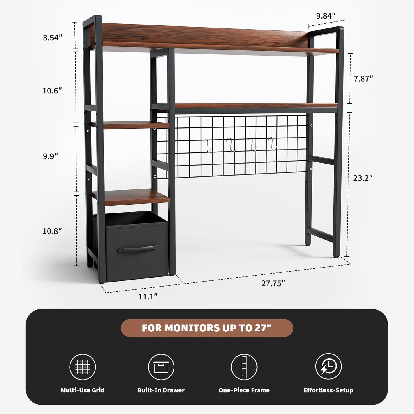 Rifoer Desk Hutch for Computer Monitor,Desktop Bookshelf Organizer,4 Tier Desk Hutch with Grid Panel,38.6" Desk Shelf Storage Rack for Home Office,Study,Dorm,Black