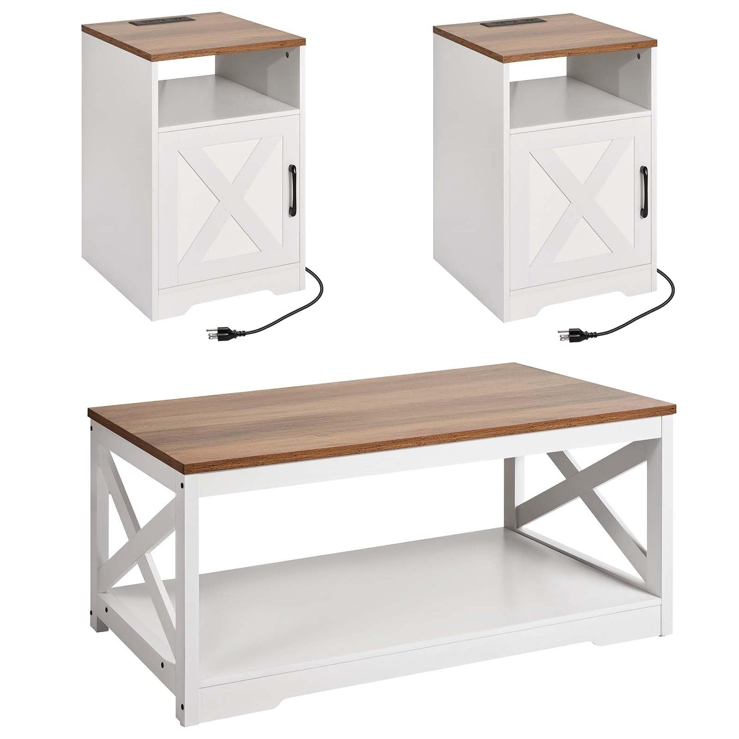 VEVOR 3 Pieces Farmhouse Coffee Table Sets, 40 Inch Industrial Coffee Table with 2 End Tables, Easy Assembly Coffee and Side Tables Sets with Charging Station, for Office, Living Room & Apartment