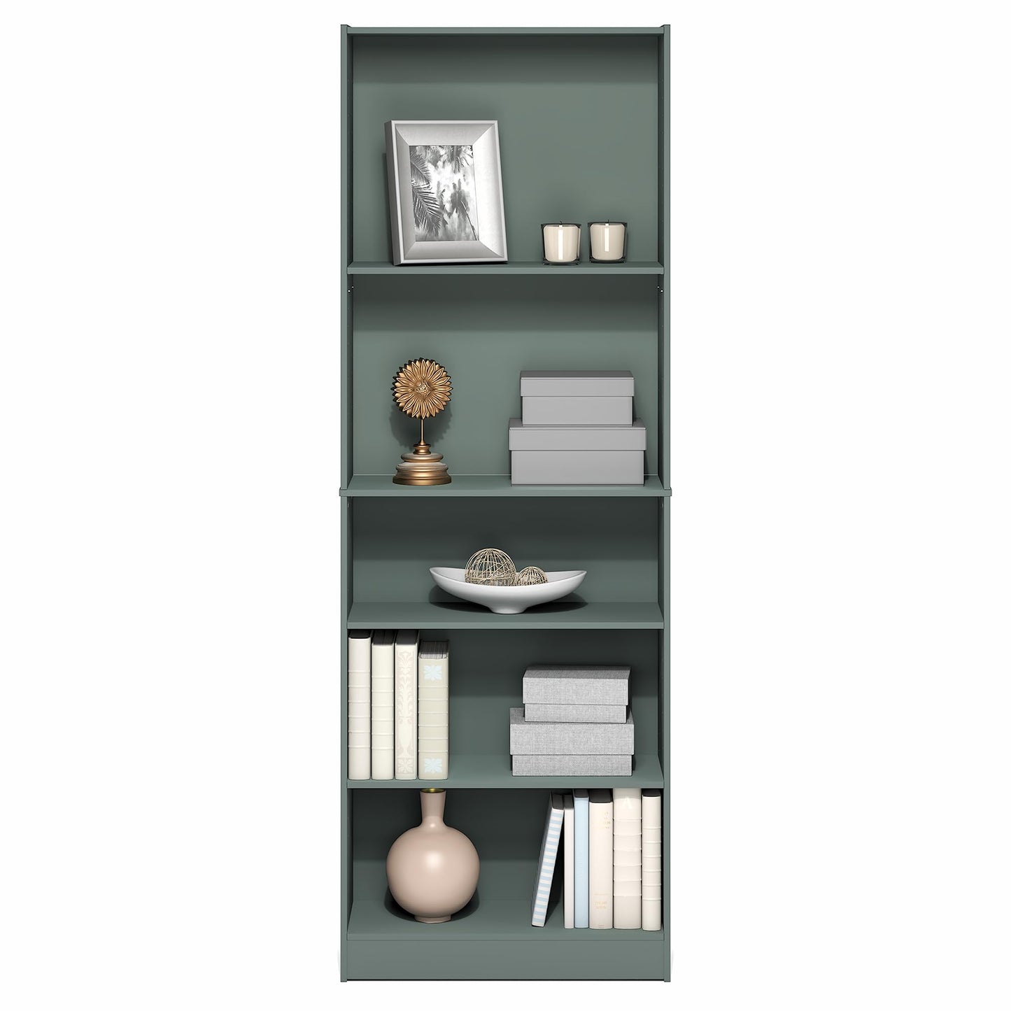 Furinno Jaya Book Shelf, 5-Tier Bookshelf, Bookcase with Adjustable Shelves, 9.5" x 24.5" x 71.2", for Organization and Storage, for Living Room, Bedroom, Home Office, Sage Green