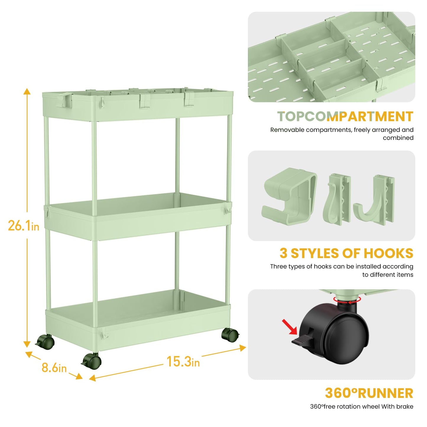 SPACELEAD 3 Tier Rolling Cart with Wheels, Storage Craft Art Trolley Organizer Serving, 3 Hanging Baskets Easy Assembly, for Office, Living Room, Kitchen, Green