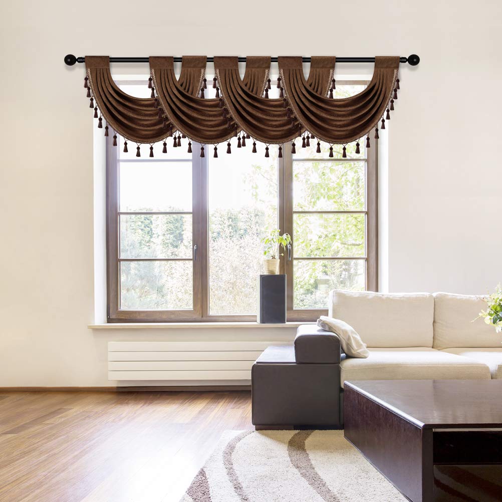 ELKCA Thick Chenille Waterfall Swag Valances for Living Room Chocolate Valance Curtains for Kitchen, Pack of 4(Chocolate, 30" W x 22" L)