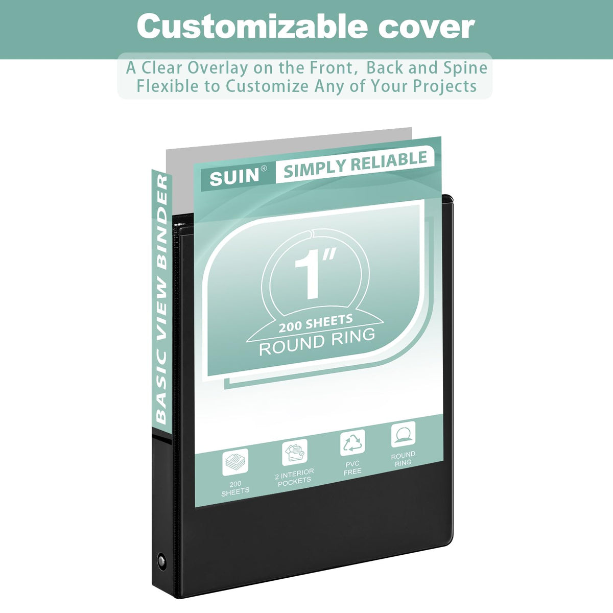 SUIN Basic 1-Inch 3-Ring-Binder, Customizable Clear View Cover, for US Letter Size 8-1/2 x 11'', Perfect for Office/School (Black - 48 Packs)