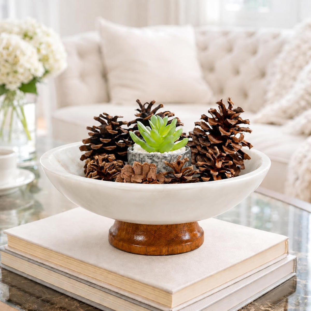 White Marble Fruit Bowl with Pedestal, 11" Large Decorative Centerpiece Bowl for Dining Table, Modern Kitchen Counter Fruit Bowl, Handcrafted Stone Marble Bowl, Luxury Home Decor Accent