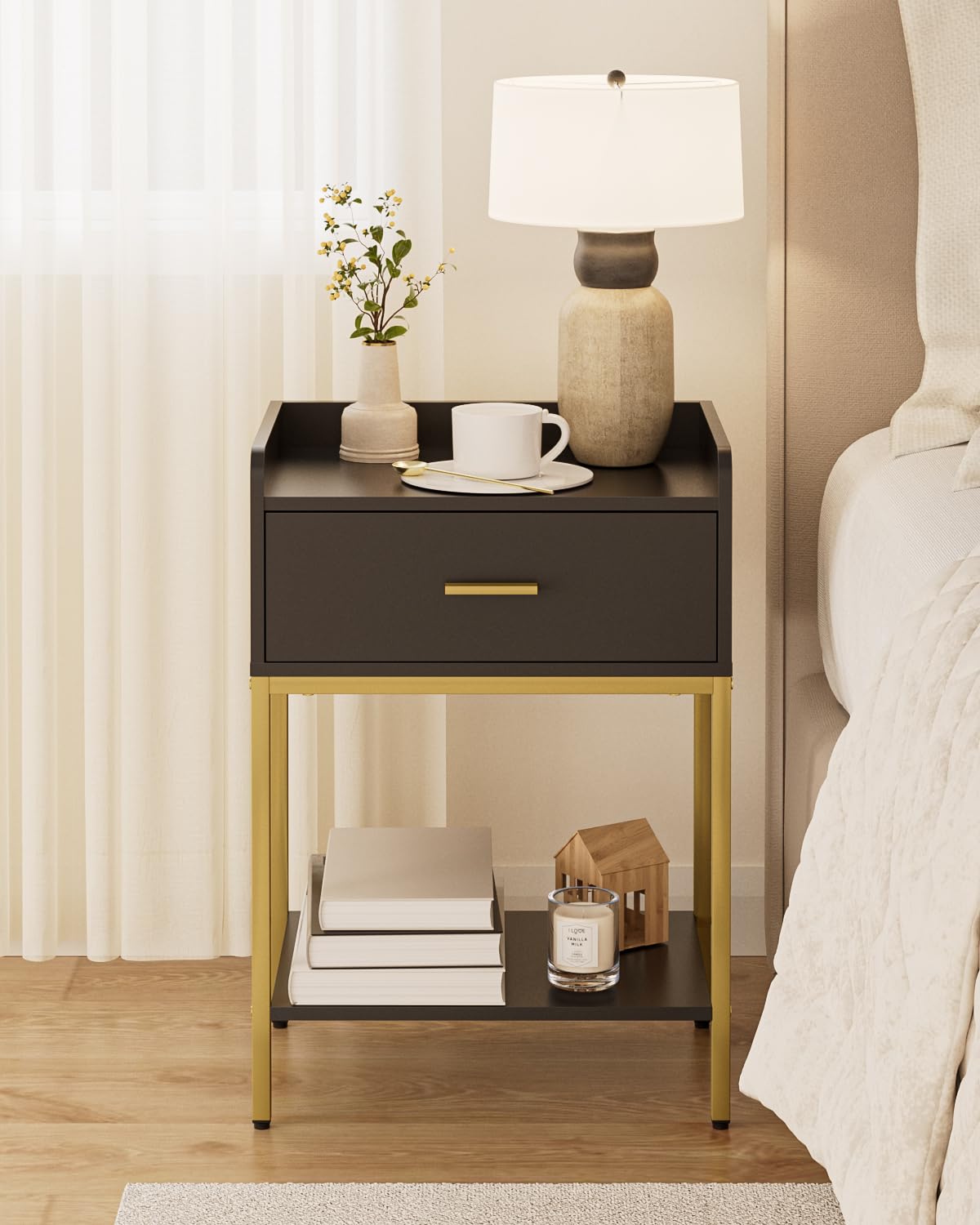 Apetaccat Nightstand,3-Tier Modern Night Stand,Bedside Table with Storage Drawer and Shelf,Small Side Table for Bedroom,Living Room,Black
