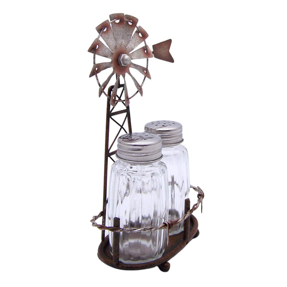 Windmill Salt and Pepper Set Holder, Unique Rustic Décor, Shakers Included, 6.5 Inches