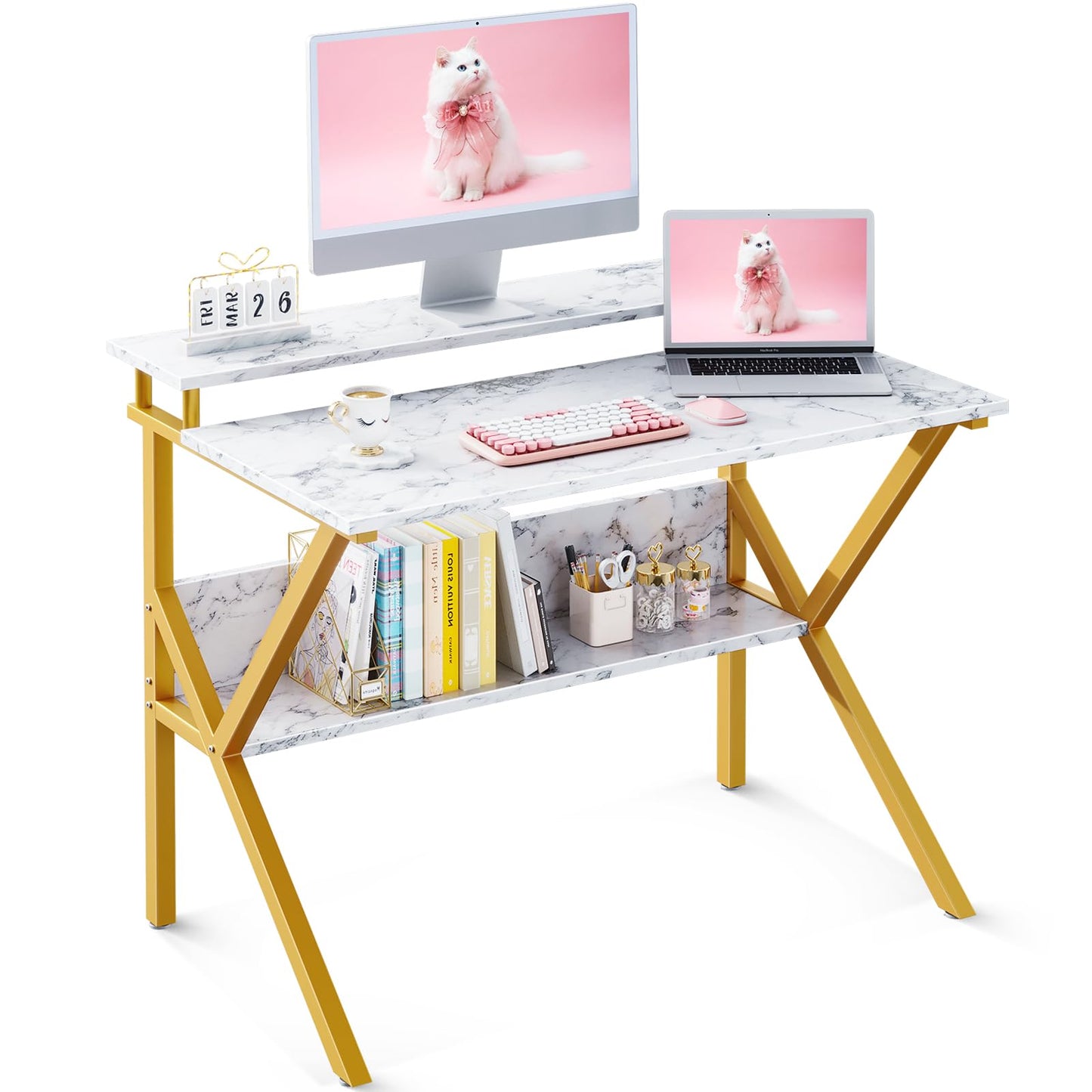 ODK Small Desk, 27.5 Inch Computer Desk for Small Spaces, Study Desk with Storage & Monitor Stand, White Marble + Gold Leg