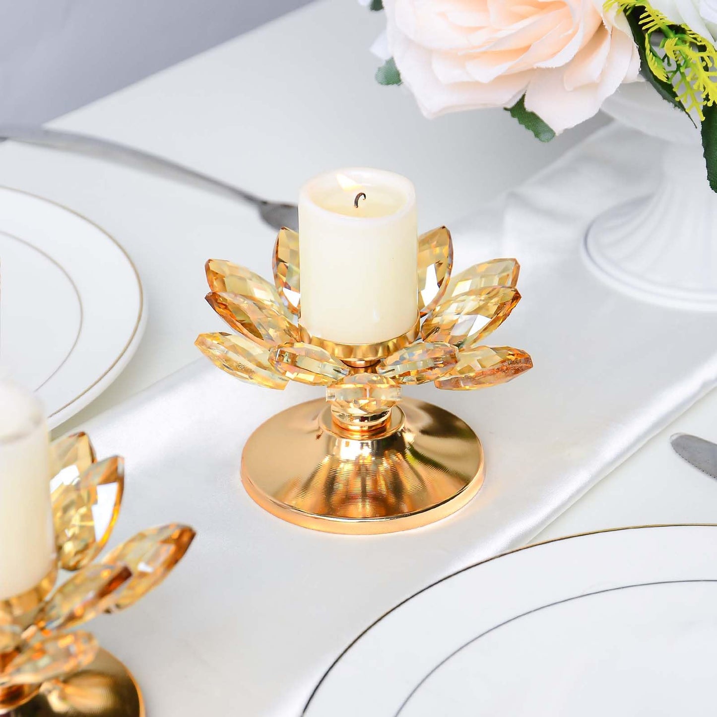 12 PCS Gold Crystal Flower Tea Light Holder Bulk, Glass Tealight Candlestick with Metal Base, Votive Candle for Table Centerpiece, Wedding/Parties Decor, Nice Gift