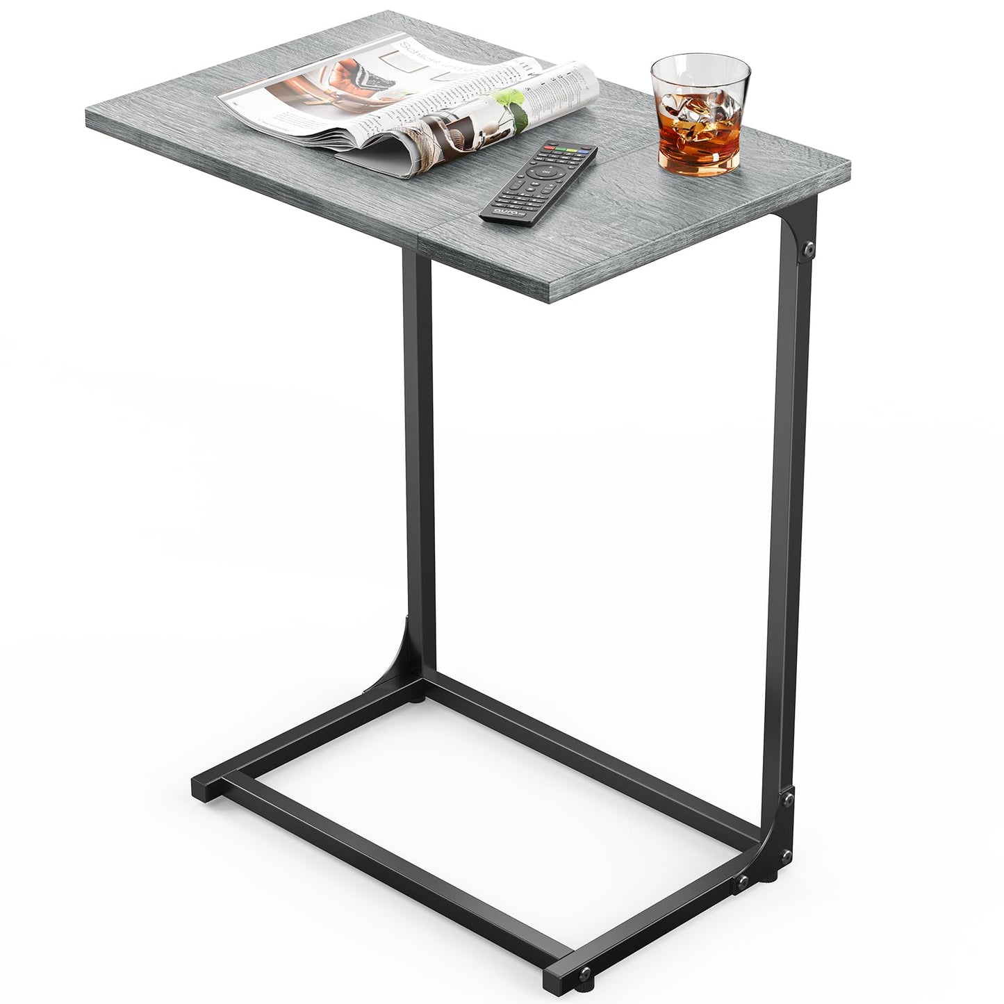 Pipishell C-Shaped Side Table, C Table for Sofa with Two-Piece Desktop & Metal Frame, Large Surface End Table for Living Room, Bedroom, Bedside, Rustic Design, Grey