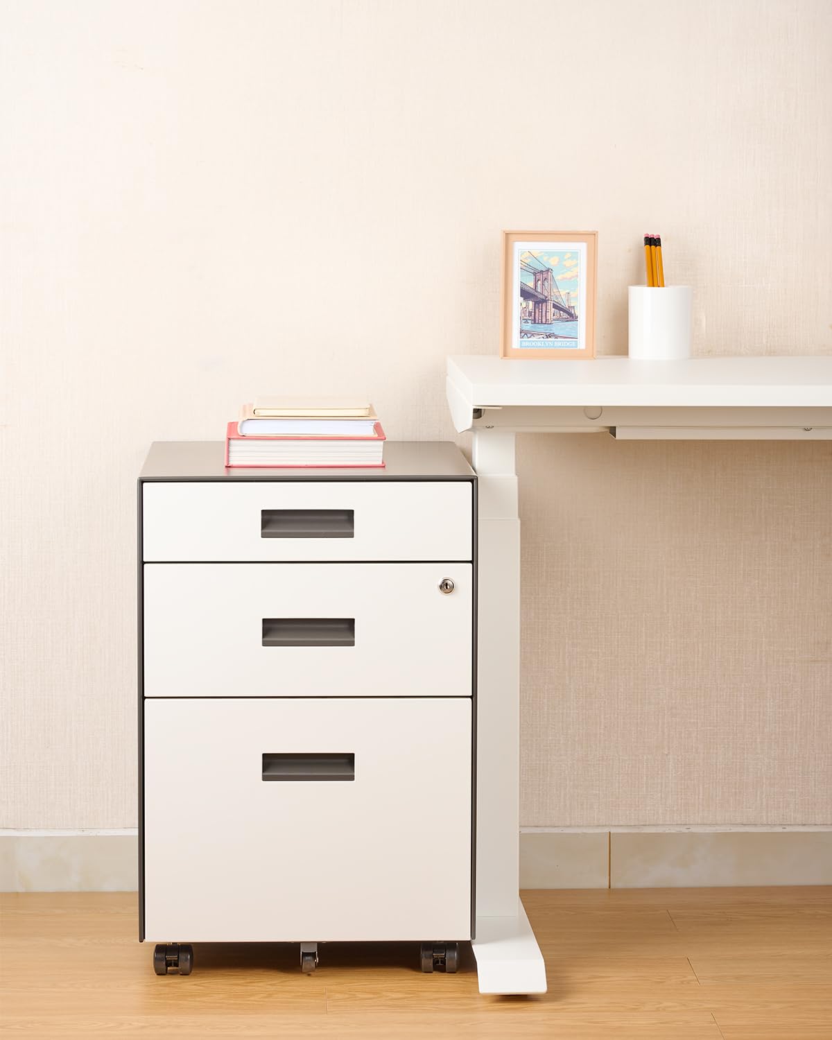 YEB Comfort 3 Drawer File Cabinet with Lock - Under Desk Metal Filing Cabinet, Legal/Letter File Folders, Wheels, Fully Assembled, White/Gray