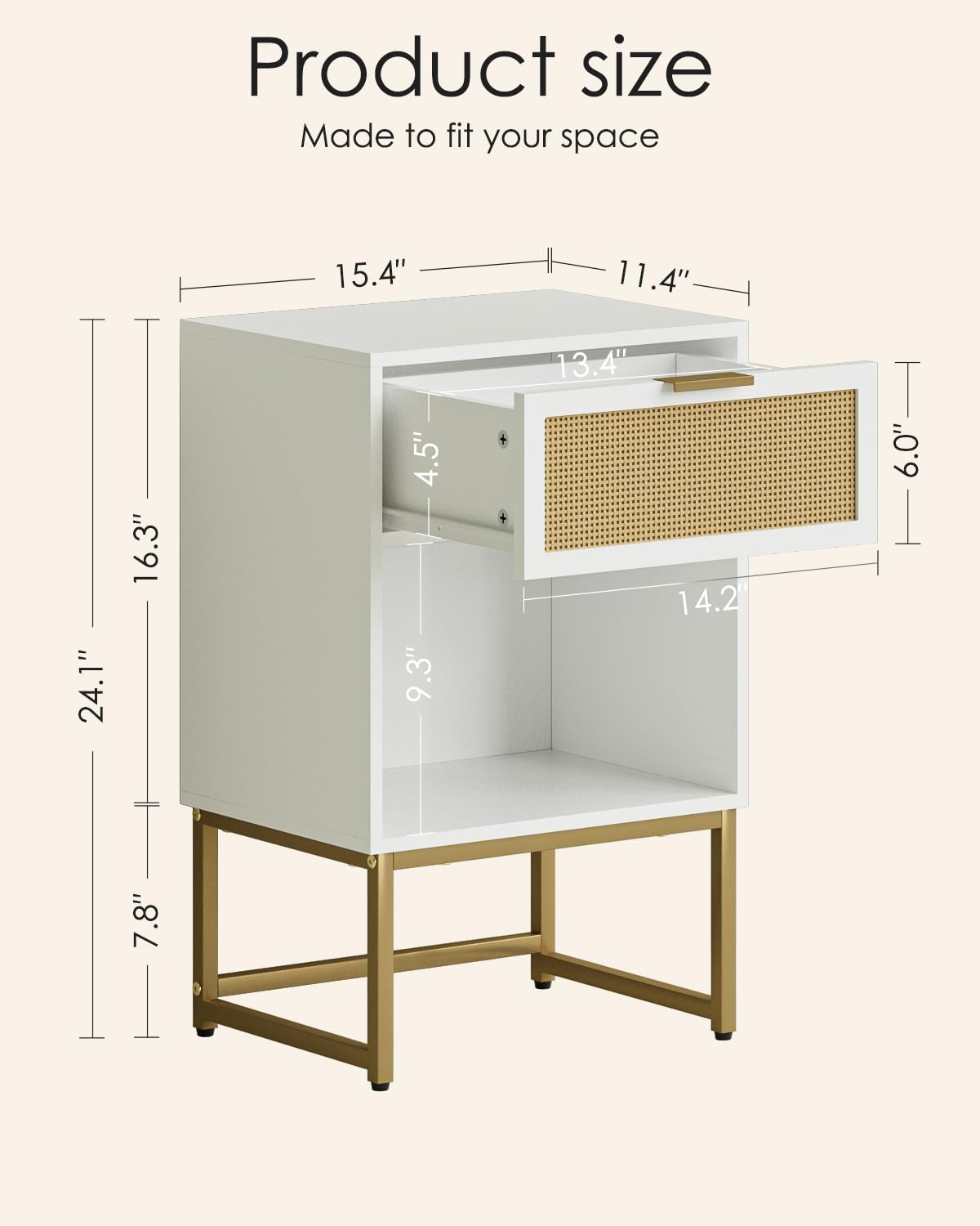 Masupu Rattan Nightstand,Modern Night Stand Boho Farmhouse Wood Bedside Table with Storage Drawer Side End Table for Bedroom,Office,White