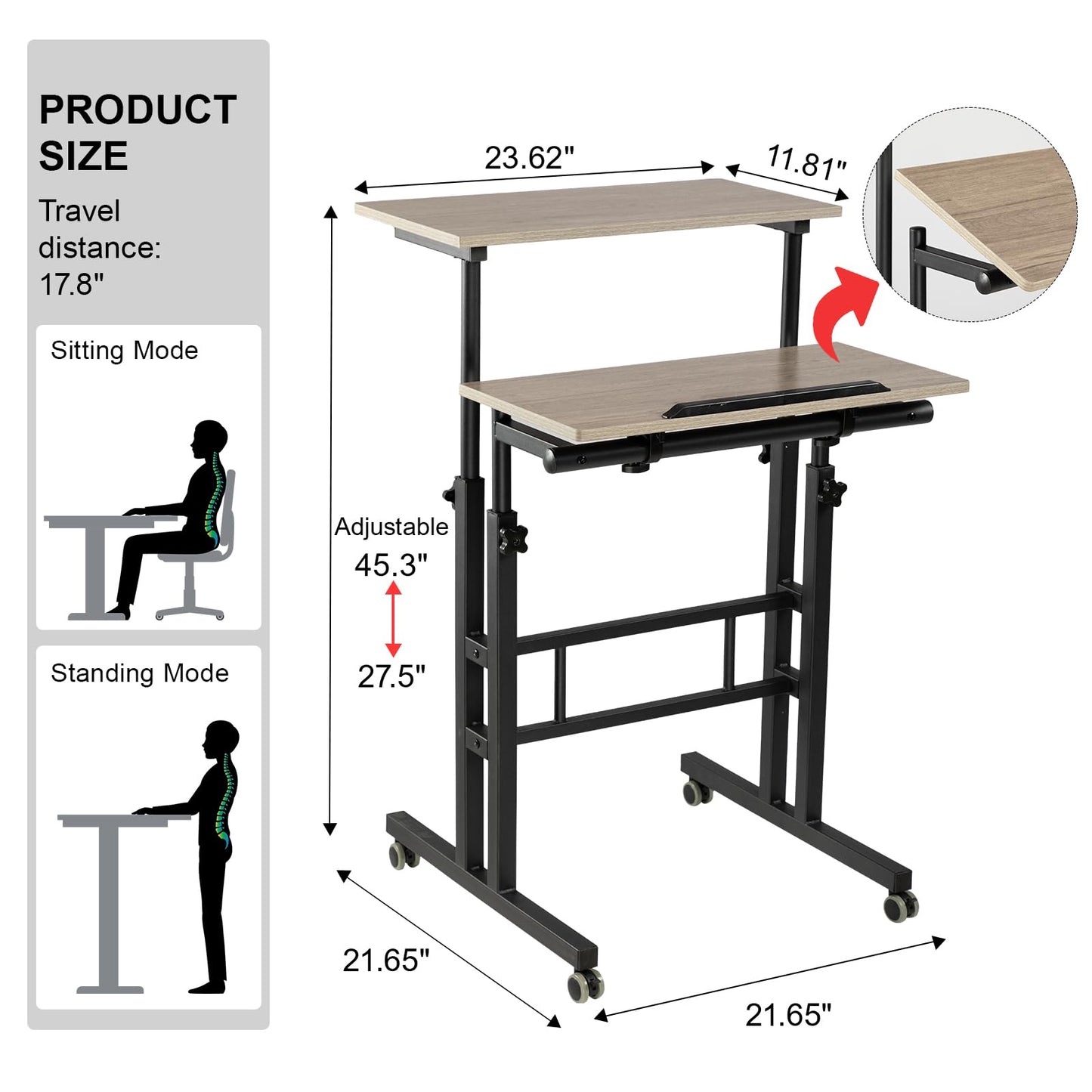 Hadulcet Mobile Standing Desk with Charging Station, Adjustable Standing Computer Desk, Standing Adjustable Laptop Cart with Wheels for Home Office Classroom Light Grey