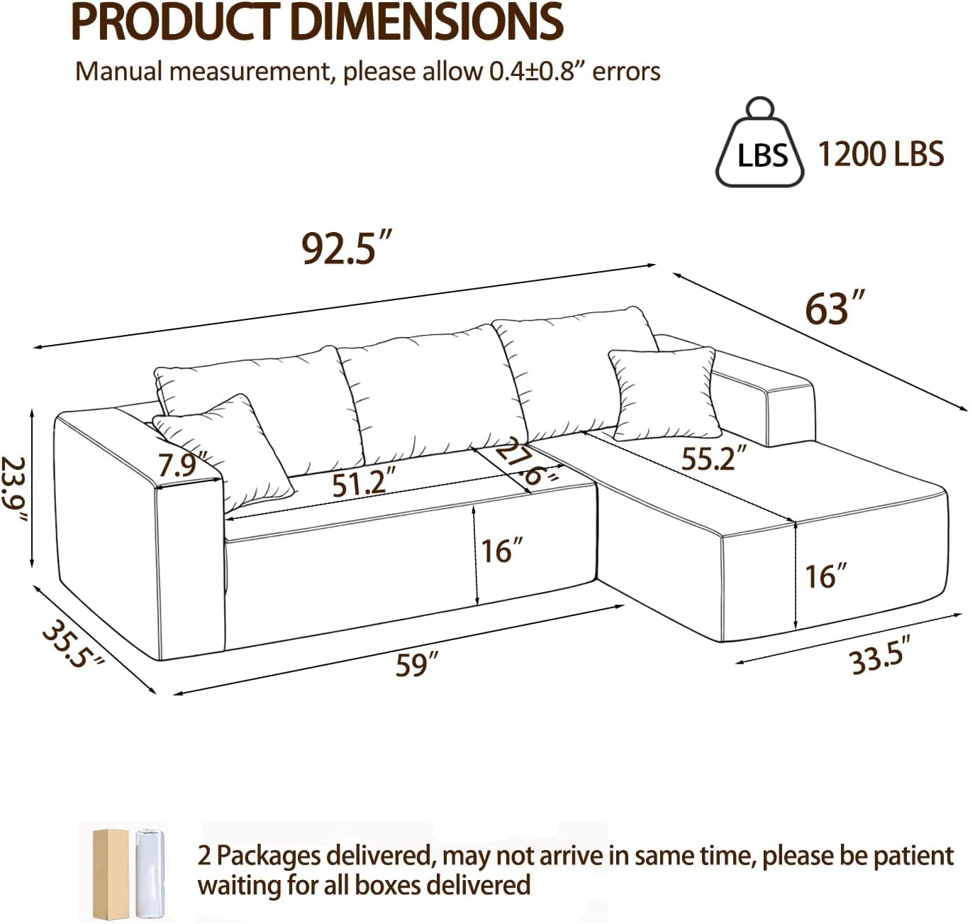 92.5" LSectional Sofa,Cloud Sectional Boneless Couches for Living Room, Couch with Deep Seat Oversized Right Facing Chaise, Memory Foam Compressed Spineless 3 Seater Sofa for Apartment