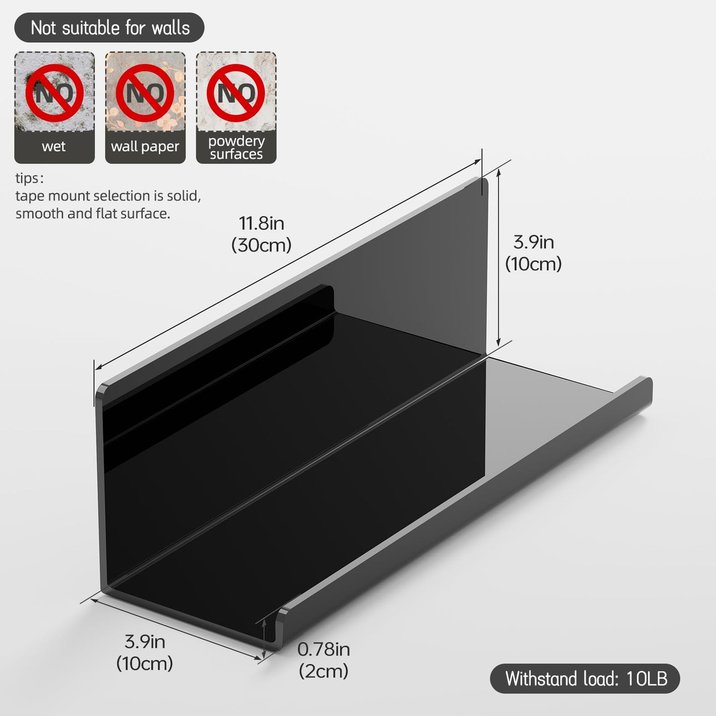 PAVSTINE Acrylic Floating Shelves for Wall No Drilling, Self Adhesive Space-Saving Shelves, 12 Inch Floating Shelf Stick on Wall Shelf, for Bathroom, Kitchen, Bedroom, Office, Gaming Room, Black
