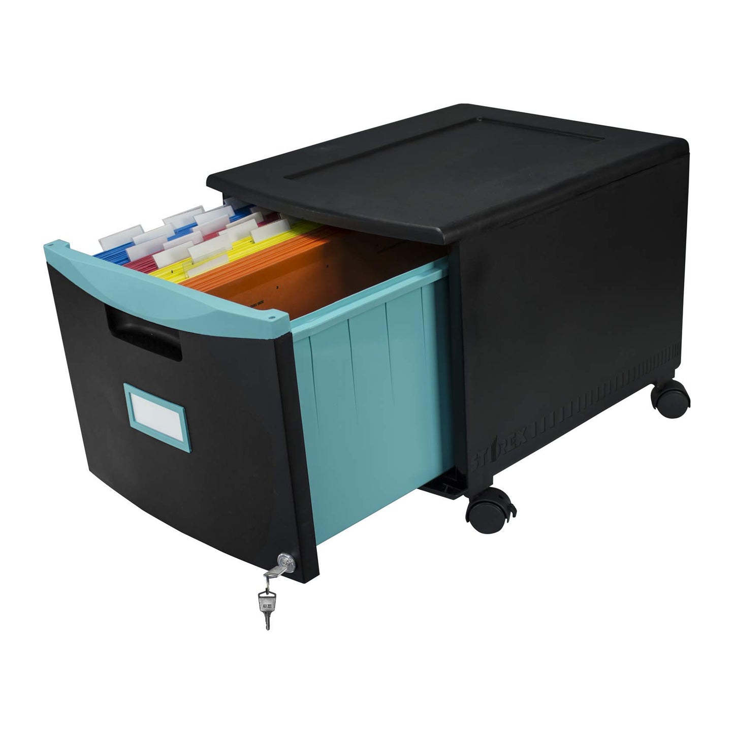 Storex Single-Drawer Mobile Filing Cabinet, 1 Legal/letter-Size File Drawer, Black/teal, 14.75" X 18.25" X 12.75"