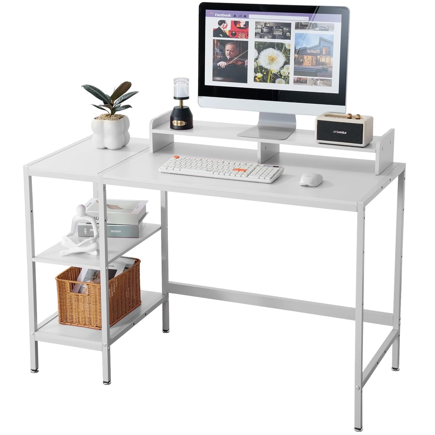 MINOSYS 47-inch Computer Desk with Storage Shelf - Ideal Gaming Desk for Bedrooms, Small Spaces, and Home Offices Modern Writing Desk for PCs,White Table.