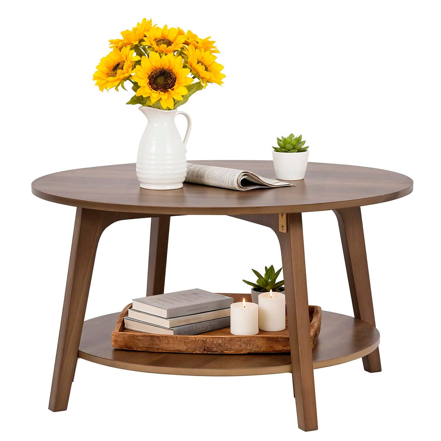 FDW Round Coffee Table with Storage 2-Tier Modern Wood Center Table for Living Room Bedroom or Office Small Space Circle Coffee Table with Sturdy MDF Top & Tapered Legs Easy Assembly,Brown