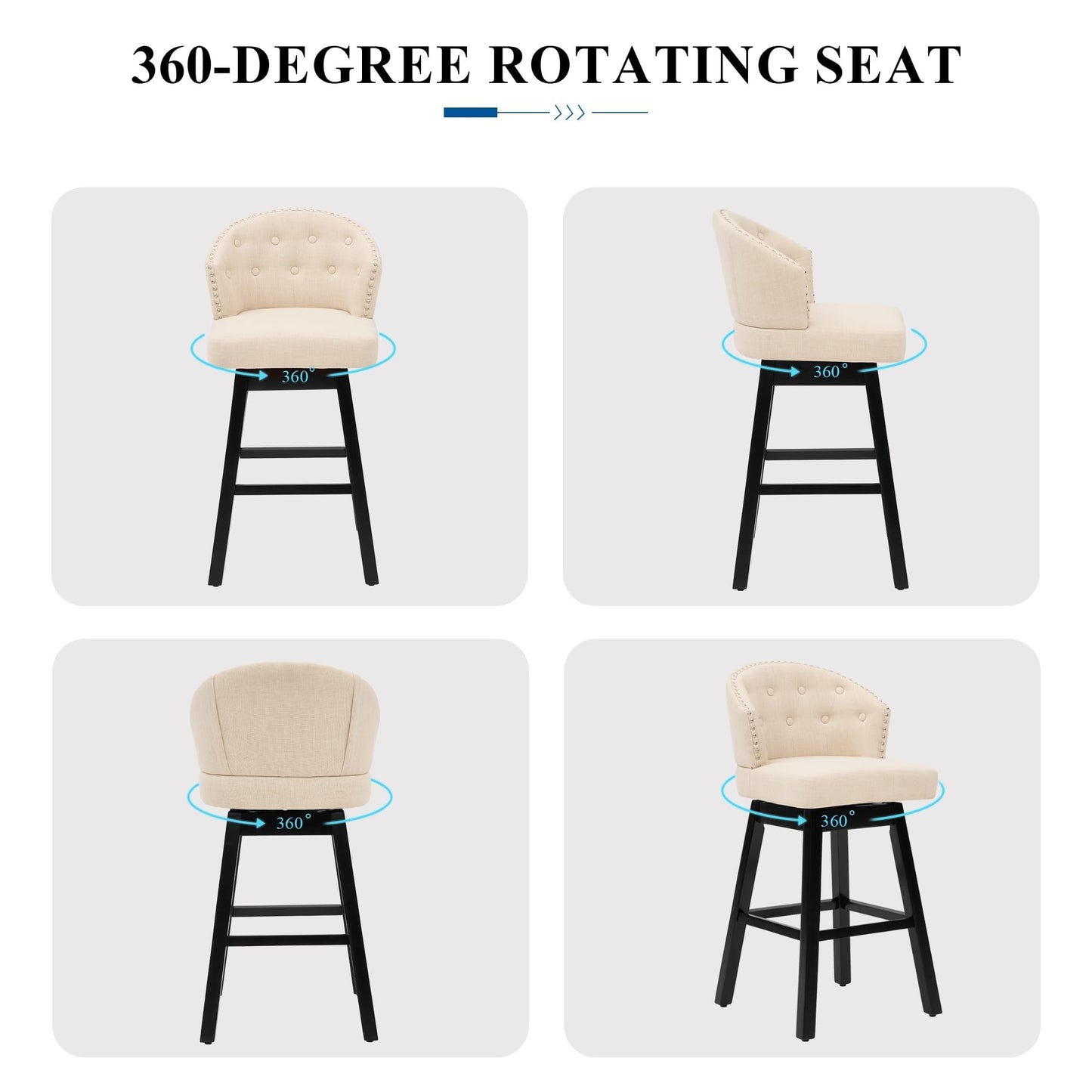 UDAX 29''Swivel Bar Stools Set of 2, Upholstered Barstools with Backs, Modern Counter Height Bar Stool Chairs for Kitchen Island, Wood Legs, Counter Stools