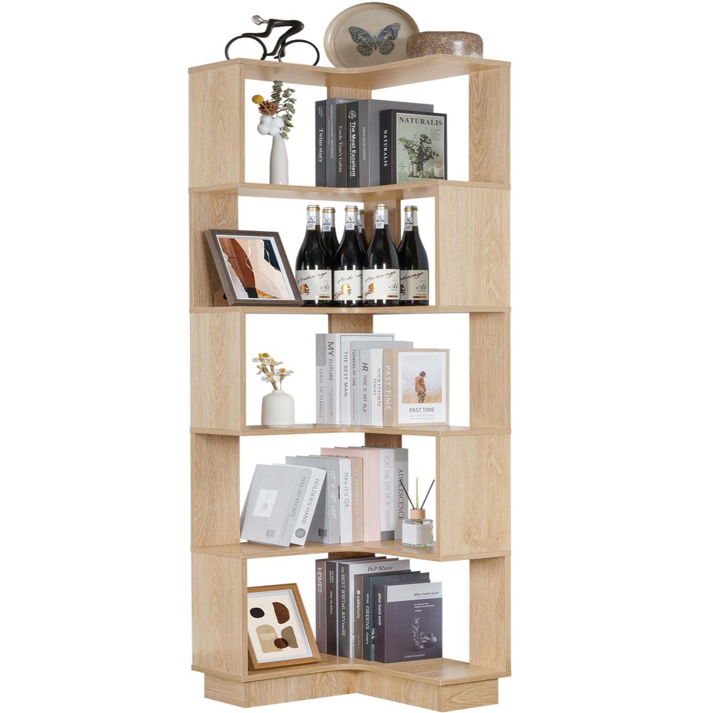 GOOFCXO Wooden Corner Bookcase, 5 Tiers Corner Bookshelf 68.9" L-Shaped Storage Display Rack Tall Large Open Bookshelf with Fixture for Living Room Bedroom Study Office