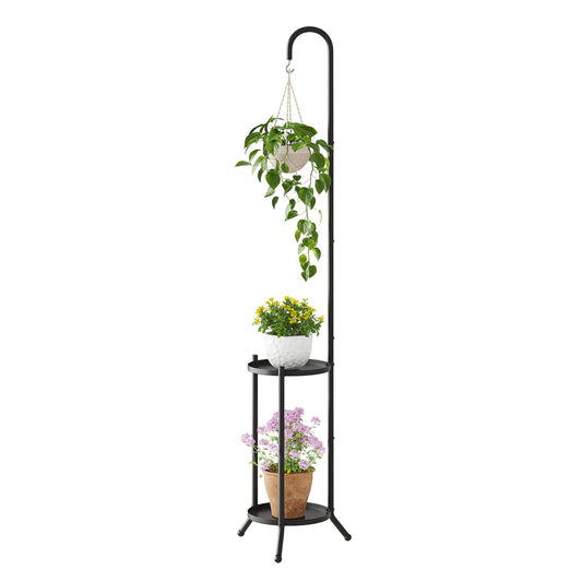 2-Tier Metal Plant Stand with Hanging Hook, Indoor Outdoor Plant Shelf,Heavy Duty Plant holder Rustproof Iron Multiple Plant Round Supports Rack for Planter Corner Garden Balcony Patio (Black)