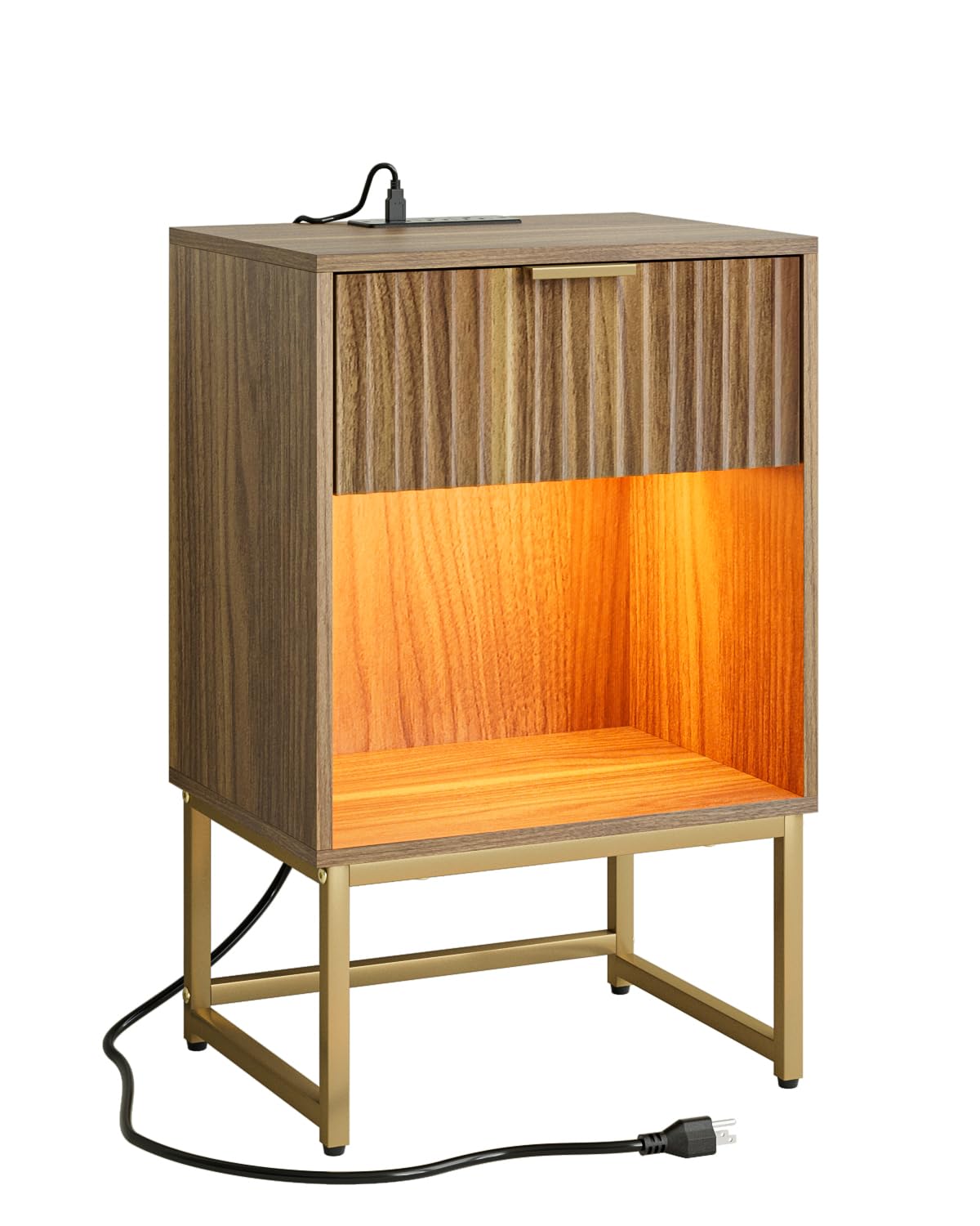 Masupu Fluted Nightstand with Charging Station and LED Lights,Modern Night Stand Wood Bedside Table with Storage Drawer Side End Table for Bedroom,Office,Walnut Brown