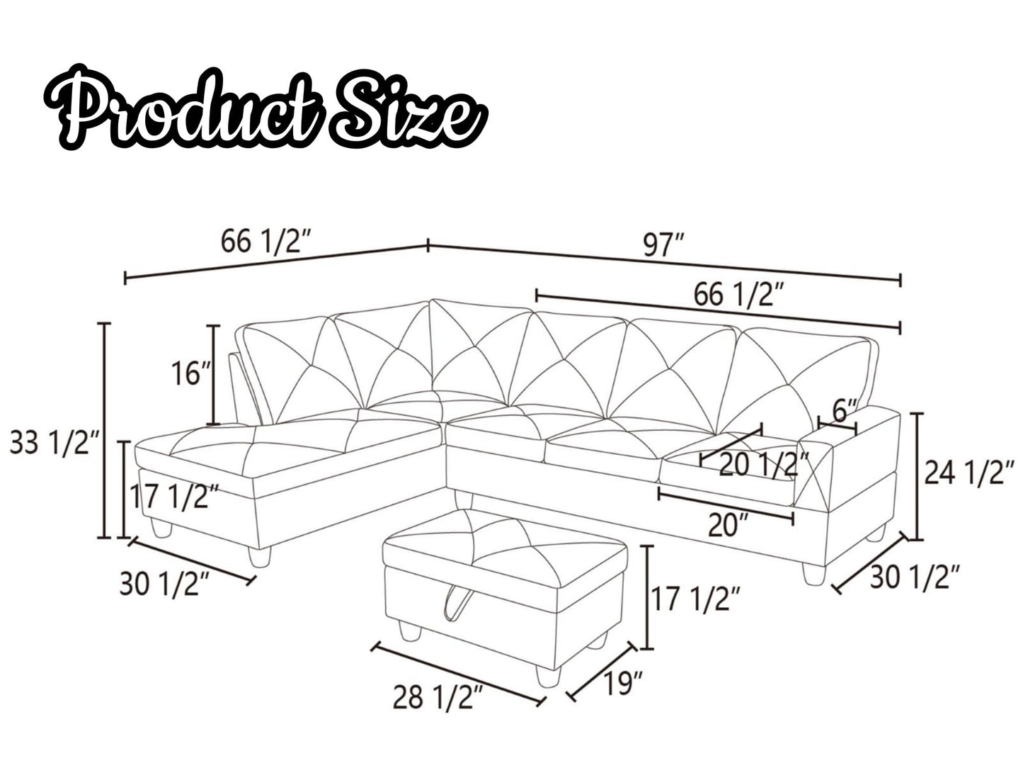 NicBex Sectional Couch 3 Pieces Sofa Set, L-Shaped Modular Couches for Living Room, Furniture Sets with Lounge Chaise & Storage Ottoman, Multi-Scene Use for Apartment & Office, Black Grey